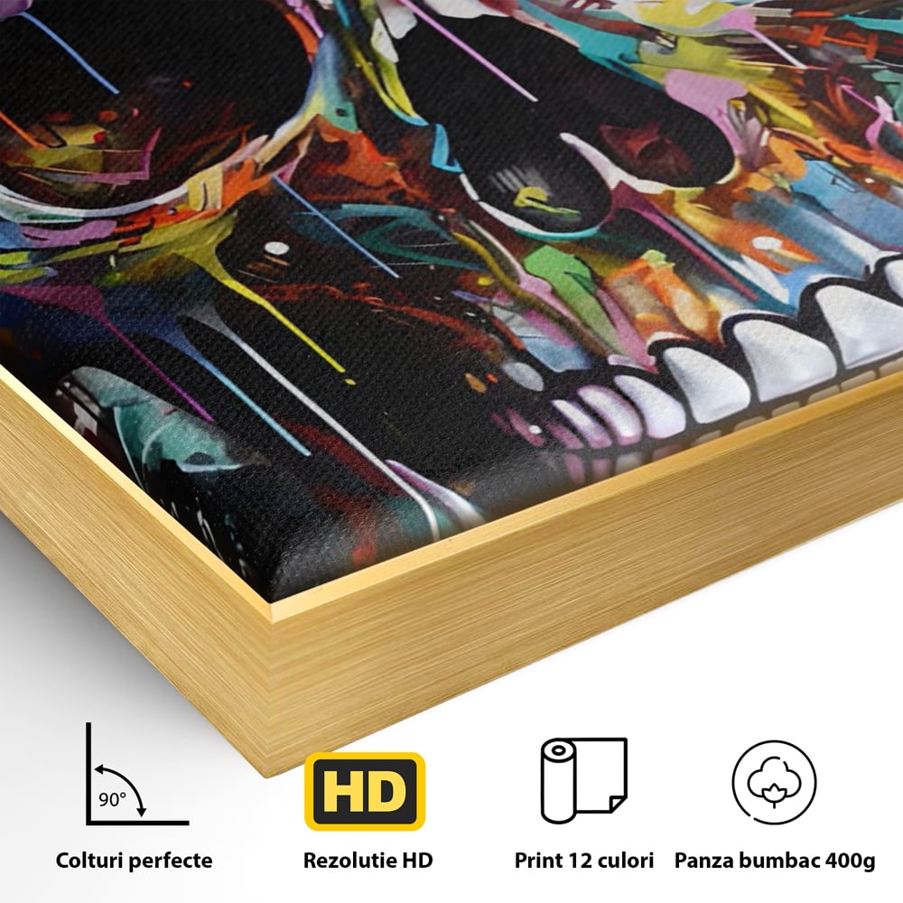 Detaliu al suprafetei: tablou canvas cu craniu multicolor, in rama de aluminiu auriu